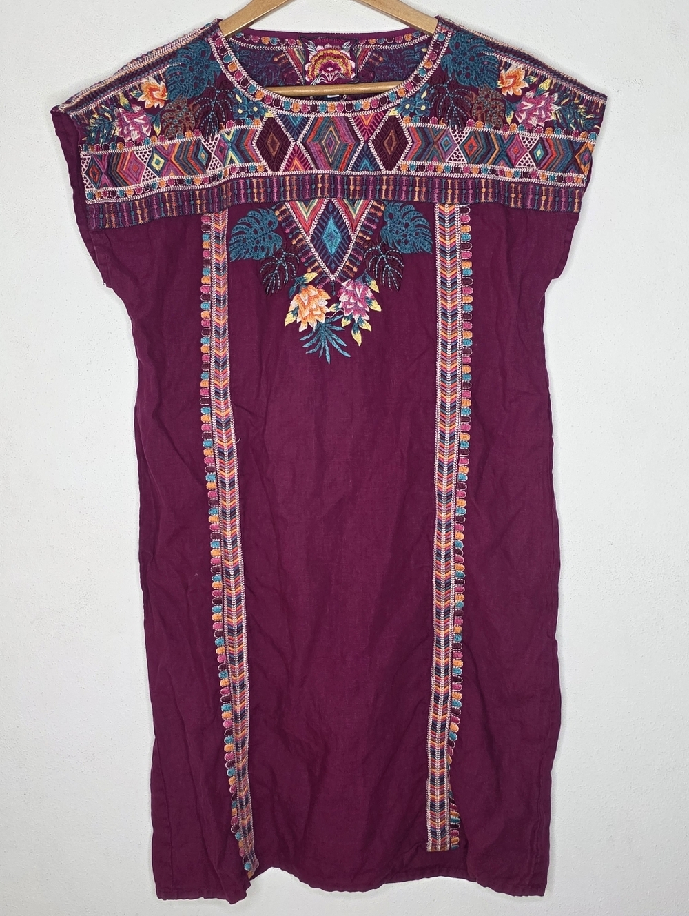 Johnny Was Shift Dress 100% Linen Embroidered Purple / Pink Small S